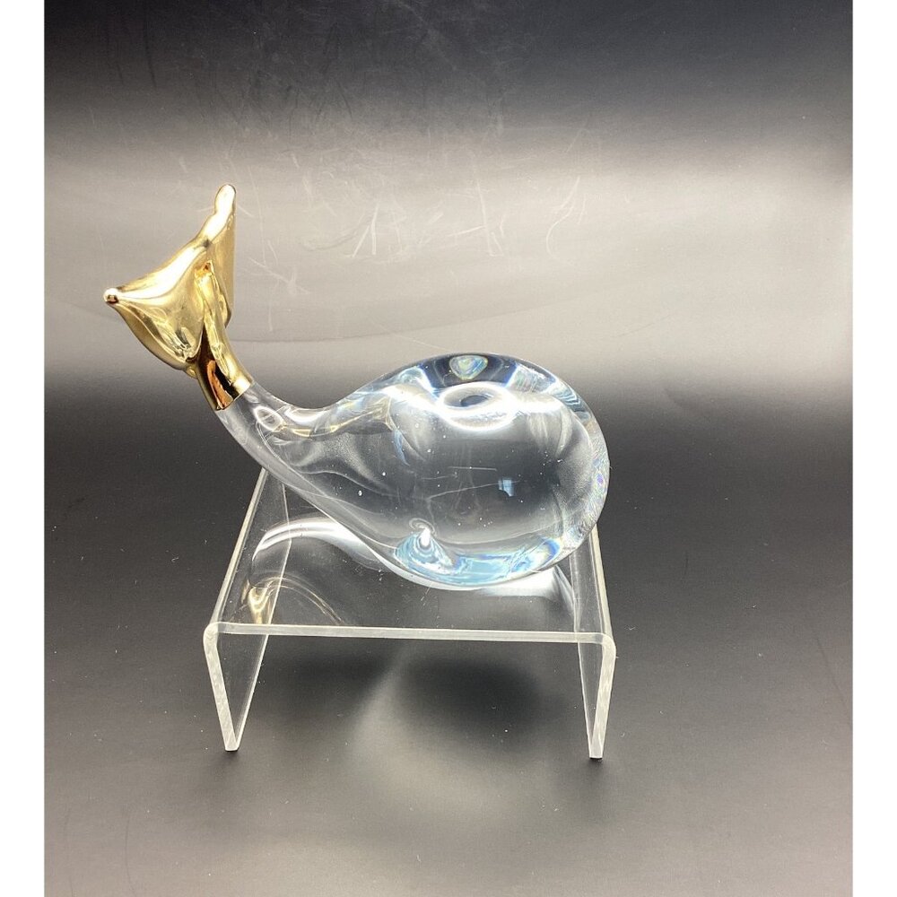 Art Glass Whale Figurine Paperweight Clear With Gold Trim Overlay 2.5 in Tall - Picture 2 of 8